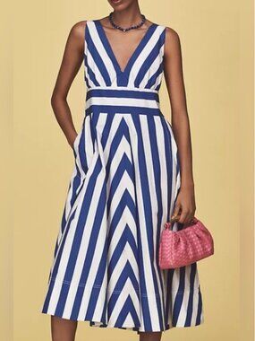 Anthropologie V-neck Midi Stripy Blue White Dress size LP